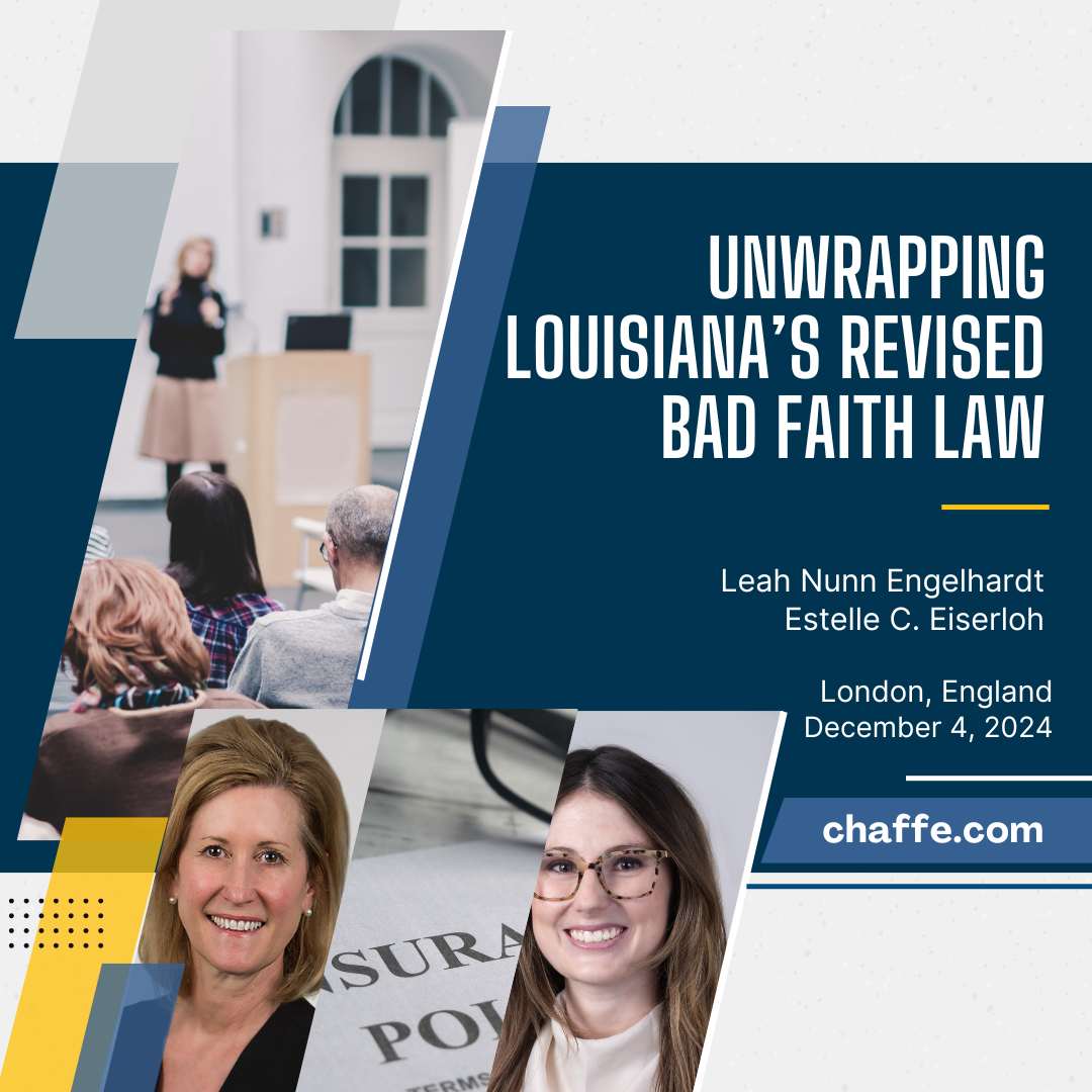 ChaffeMcCall's tweet photo. Our insurance attorneys, Leah Engelhardt &amp; Estelle Eiserloh, recently delivered a presentation on  Louisiana's Revised Bad Faith Law in London, England. Thank you to all who attended. We look forward to connecting with you in future presentations! https://t.co/9eKRvEuoox
