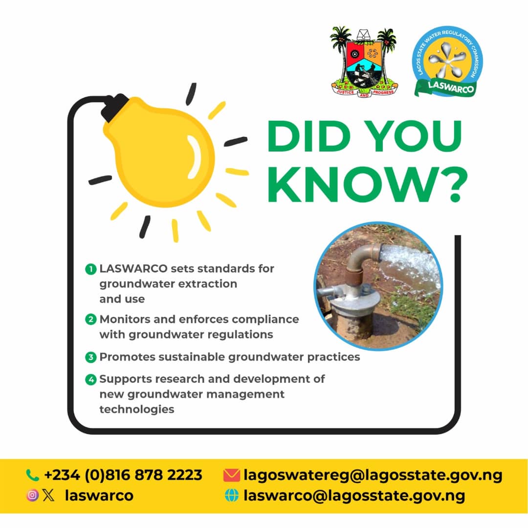 LASWARCO's tweet photo. DID YOU KNOW?

- LASWARCO sets standards for groundwater extraction and use.

- Monitors and enforces compliance with groundwater regulations.

- Promotes sustainable groundwater practices.

- Supports research and development of new groundwater management technologies. https://t.co/ME10hLa7CK