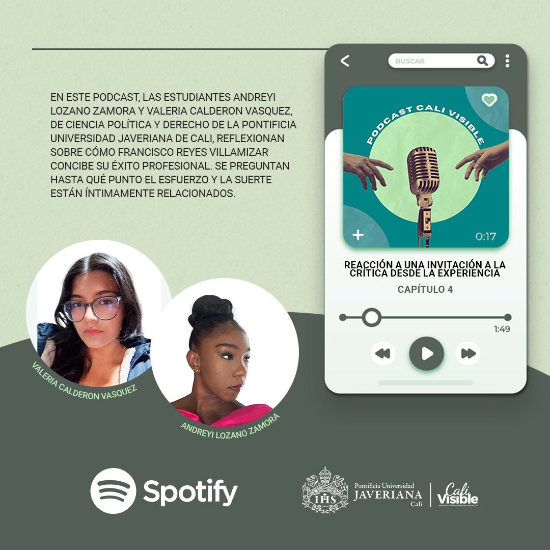 🎙️ Nuevo episodio en Podcast Cali Visible!

Dos estudiantes de Ciencia Política y Derecho, reflexionan sobre cómo <a href="/fhreyesv/">Francisco Reyes V.</a> entiende el éxito profesional. ¿Es cuestión de esfuerzo o suerte? 🎧 Escúchalo ya en Spotify spoti.fi/3VxgYsk