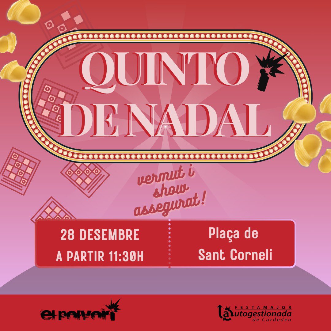✨ A punt per acomiadar l’any amb alegria i bon rotllo? ✨
🍫 Després dels torrons, el 28D a les 11:30h toca Quinto de Nadal del Polvorí!
📍 Plaça de Sant Corneli.
🪩 Vermut, show i premis top!
🎟️ Podràs comprar butlletes per les súper paneres!
Vine i tanquem l’any juntes!🧨🧨