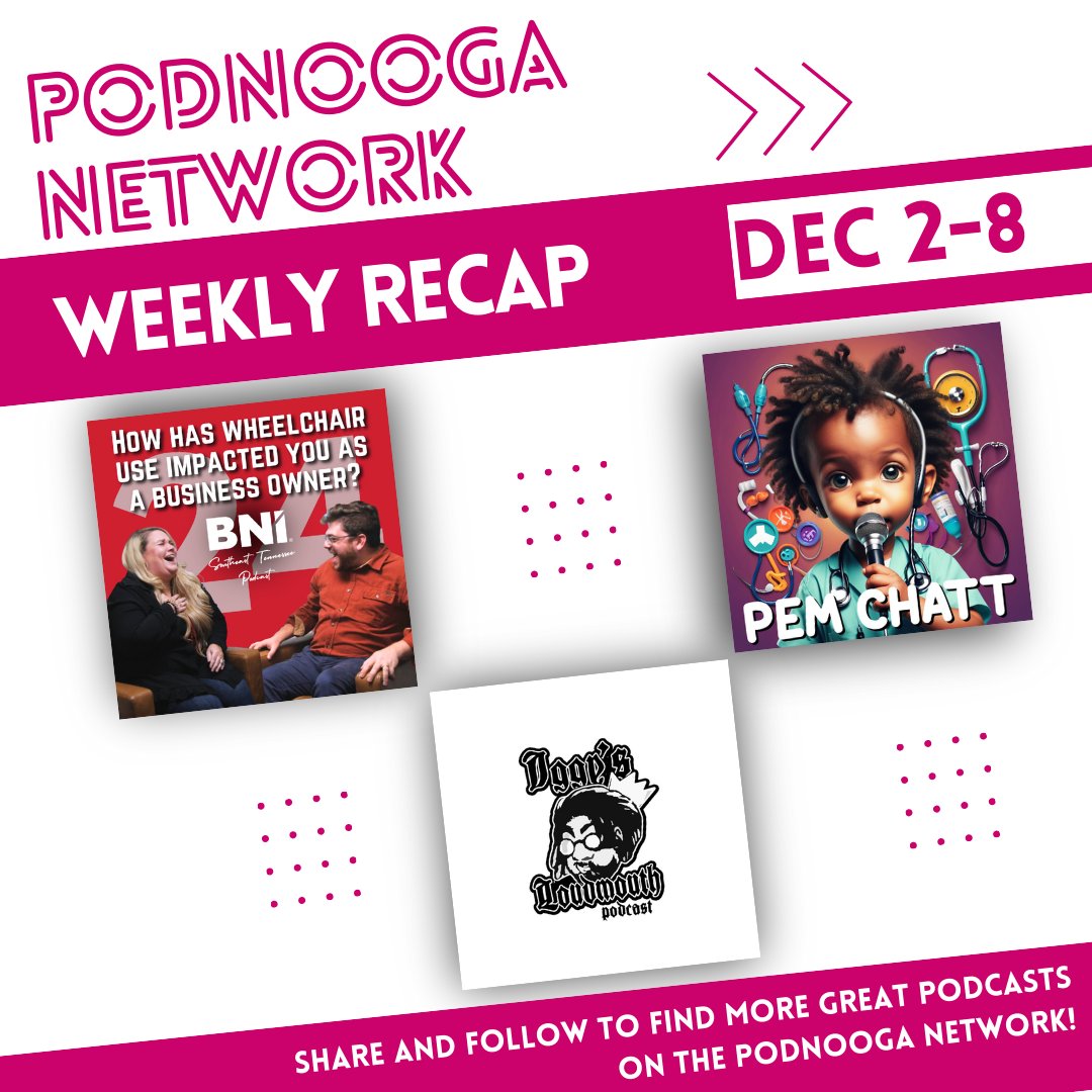 PodNooga's tweet photo. Check out the amazing content our local podcast creators have shared this week!

♿ Heather Most Precious (Dec. 5)
🩺 PEM Chatt (Dec. 5)
⭐ Iggy's Loudmouth Podcast (Dec. 2)

This is just a preview of the fantastic shows available on the PodNooga Network! Follow us for more updates, and check out the link in our bio to explore the complete lineup and find your new favorite podcasts!

#podcast