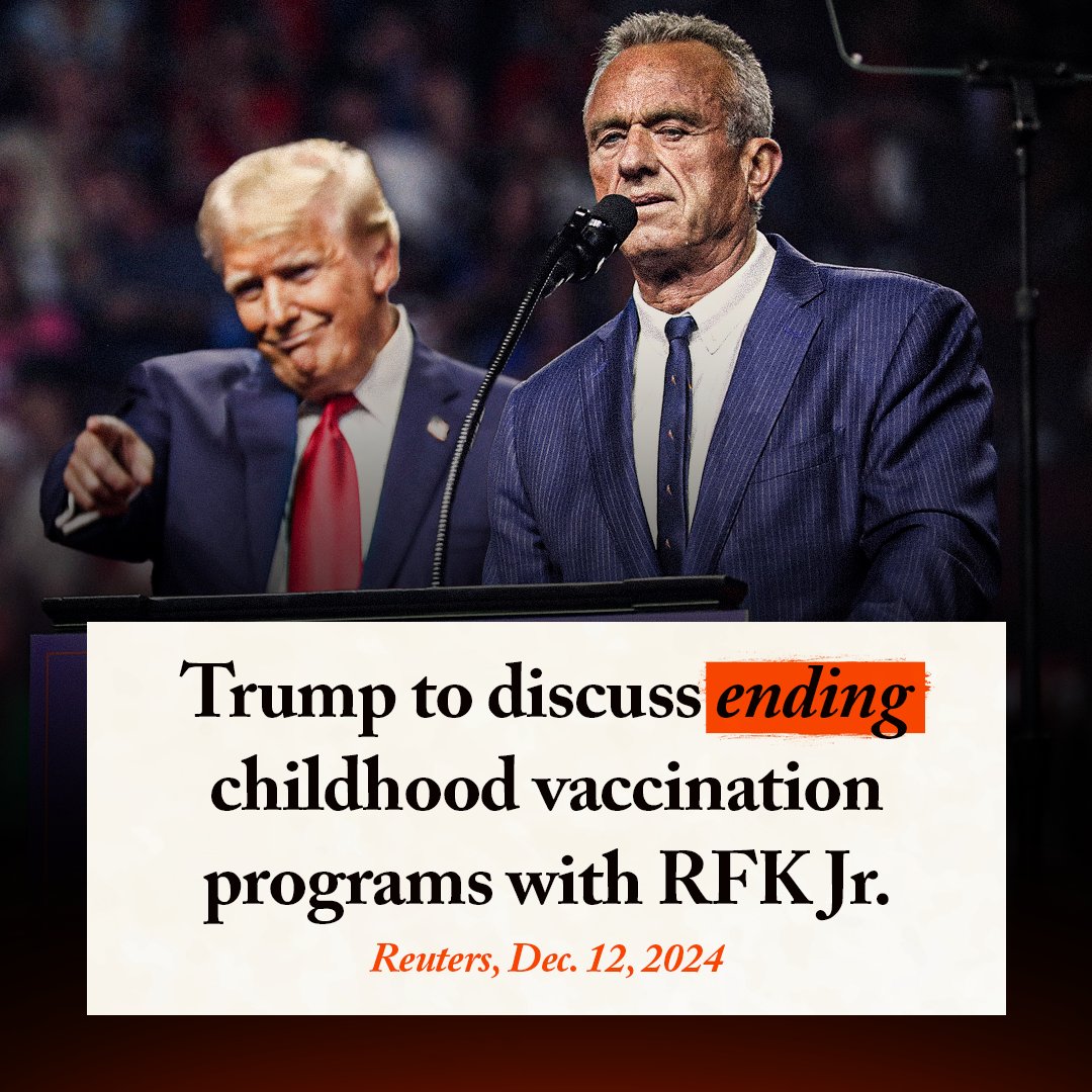 These statements by Donald Trump prove just how dangerous RFK Jr. is to the American health care system. If he gets his way and stops or impedes childhood vaccination programs, it will lead to a resurgence of illnesses like polio and measles. People will die. #StopRFK