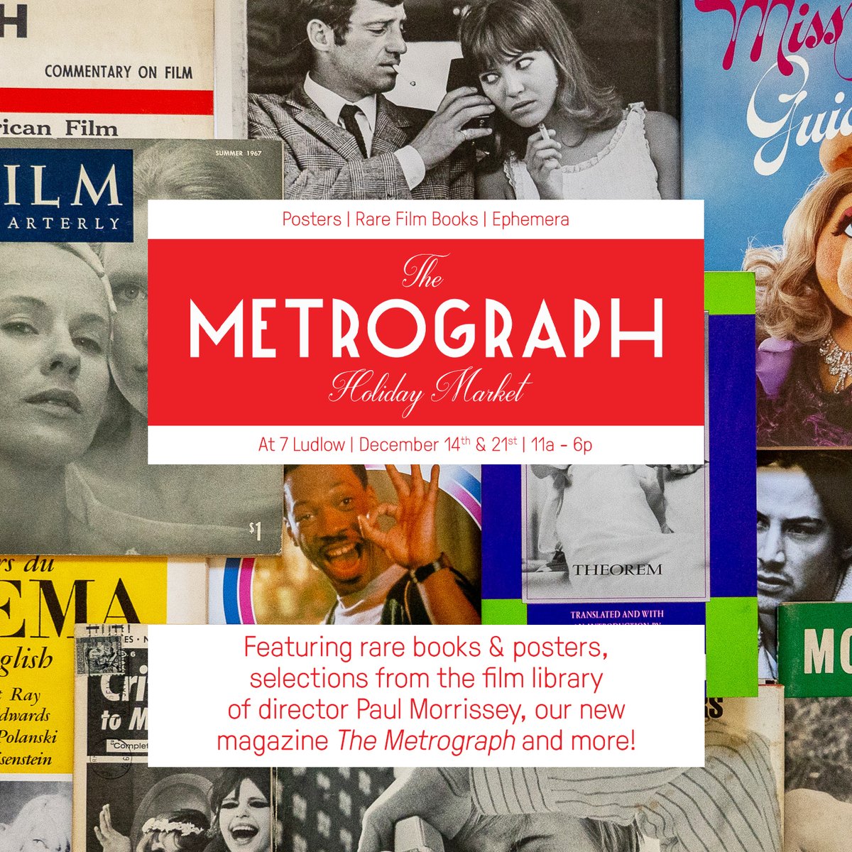 Metrograph's tweet photo. This Sat 12/14, we'll be holding our first Metrograph Holiday Market of the season 🎁 In addition to signings by #JackPierson, #EmilySchubert and #SeanPriceWilliams, stop by 7 Ludlow from 11a-7p for a crop of new Metrograph merch, our new magazine, gift cards & more. https://t.co/l0djIu9s8m