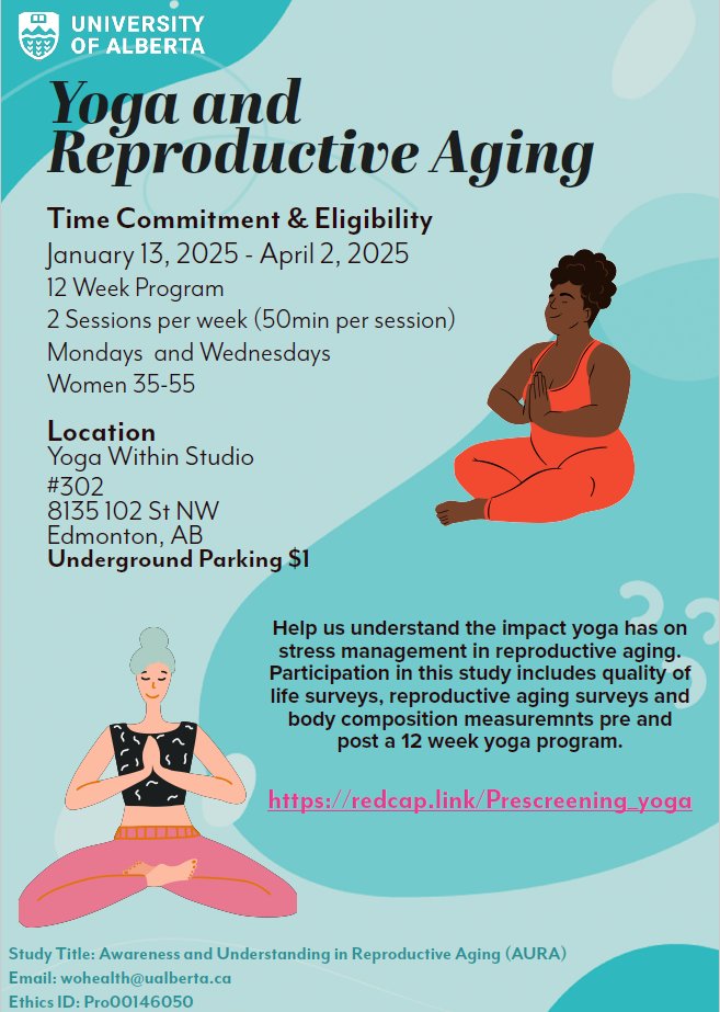 Dr.Colleen Norris PhD 🇨🇦 (@womenshearts2) on Twitter photo We are so excited to be starting our women's health research study in YEG! If you are a ♀️between 35-55 yrs please consider joining us to gain Awareness and Understanding of Reproductive Aging (AURA) <a href="/UAlbertaNursing/">UAlberta Nursing</a> <a href="/WCHRIUofA/">Women & Children's Health Research Institute</a> <a href="/UAlberta_DoM/">UAlberta Medicine</a> <a href="/abwomenshealth/">Alberta Women’s Health Foundation</a> We are so excited to be starting our women's health research study in YEG! If you are a ♀️between 35-55 yrs please consider joining us to gain Awareness and Understanding of Reproductive Aging (AURA) <a href="/UAlbertaNursing/">UAlberta Nursing</a> <a href="/WCHRIUofA/">Women & Children's Health Research Institute</a> <a href="/UAlberta_DoM/">UAlberta Medicine</a> <a href="/abwomenshealth/">Alberta Women’s Health Foundation</a>