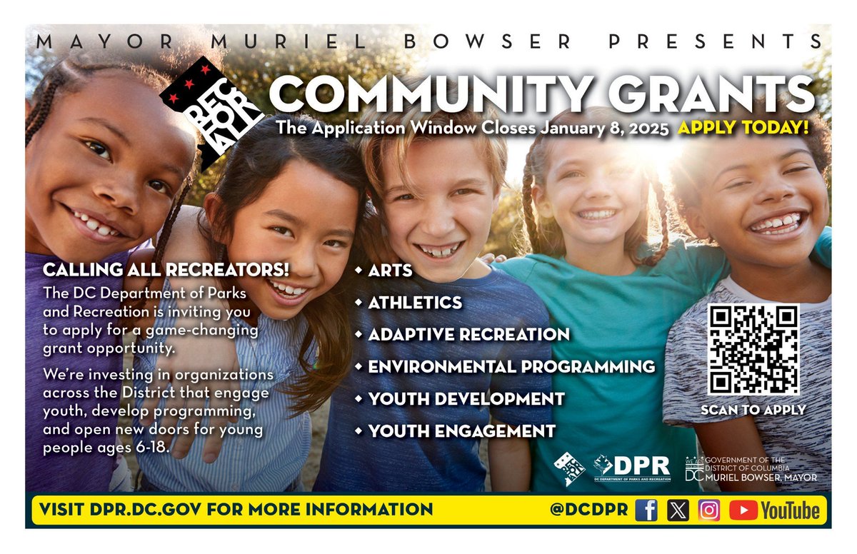 DCDPR's tweet photo. 🎉 Exciting news! 
@MayorBowser &amp; @DCDPR are offering Rec for ALL Grants with funding up to $100,000 to expand recreation for DC youth (ages 6-18). Let’s empower 10,000+ kids! 🏀🎨 Apply by Jan 8, 2025. Pre-app meeting Dec 17. Learn more: https://t.co/BcfANcrJHZ #RecForALL https://t.co/q8t4r8fgYF