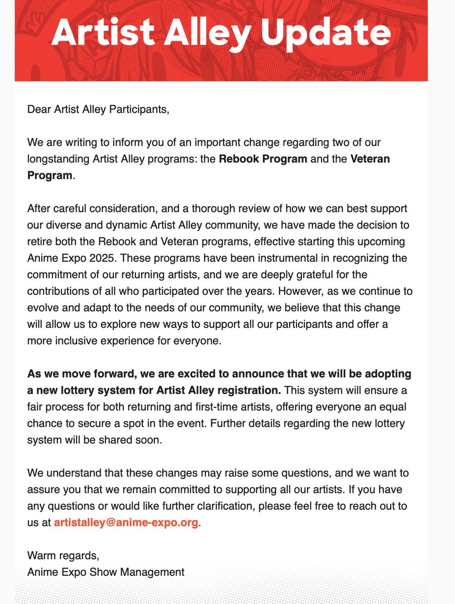 arvalis's tweet photo. Anime Expo is getting rid of table rebooking for artists in favor of a lottery system. This is devastating to those of us that depend on this event for a significant portion of our livelihoods. Please let them know this change is a bad one. https://t.co/xc7eCIscJu