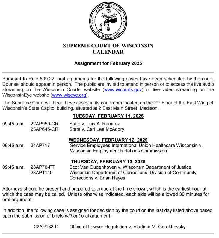 CalebGerbitz's tweet photo. Wisconsin Supreme Court oral argument schedule for February https://t.co/x97erwTVVR