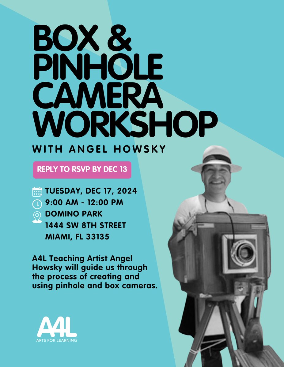 We’re excited to invite you to a hands-on Field Exploration Workshop:

Box and Pinhole Cameras with Angel Howsky

Date: Tuesday, December 17th
Time: 9:00 AM – 12:00 P
Location: Domino Park, Calle Ocho: 1444 SW 8th St, Miami, FL 33135

#Miami #MiamiDade