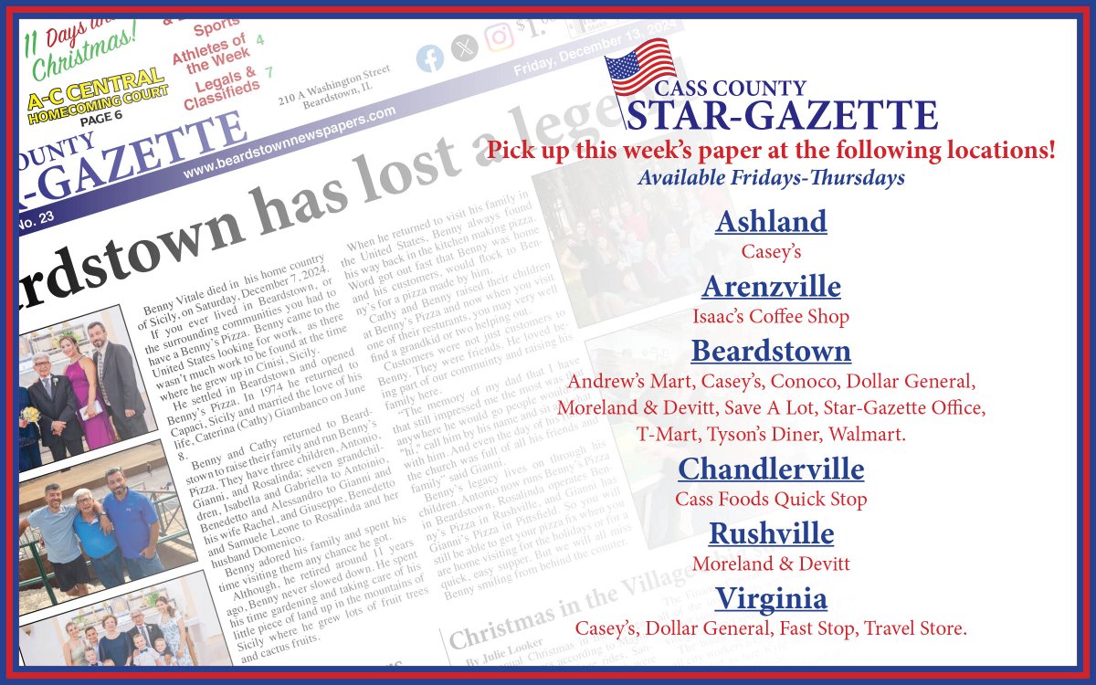 Paper is out! Grab a copy from any of the locations listed below. Subscribe to our paper online at beardstownnewspapers.com and you will get access to read the paper digitally as early as 6 p.m. on Thursdays!