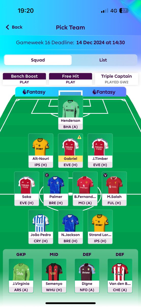 FPL_Beginner's tweet photo. @fplsverigetv Fråga inför morgondagens live: Läge att rulla bytet? 0.3 på banken. Vad tror ni Gabriel? Om han är out så finns exakta pengar för raka bytet till Virgil. Eller kanske Saliba? 

Bonusfråga: Starta Bruno eller Semenyo? Eller ska båda få plats och JSL/Pedro på nöta bänk? https://t.co/60RDnX34AV