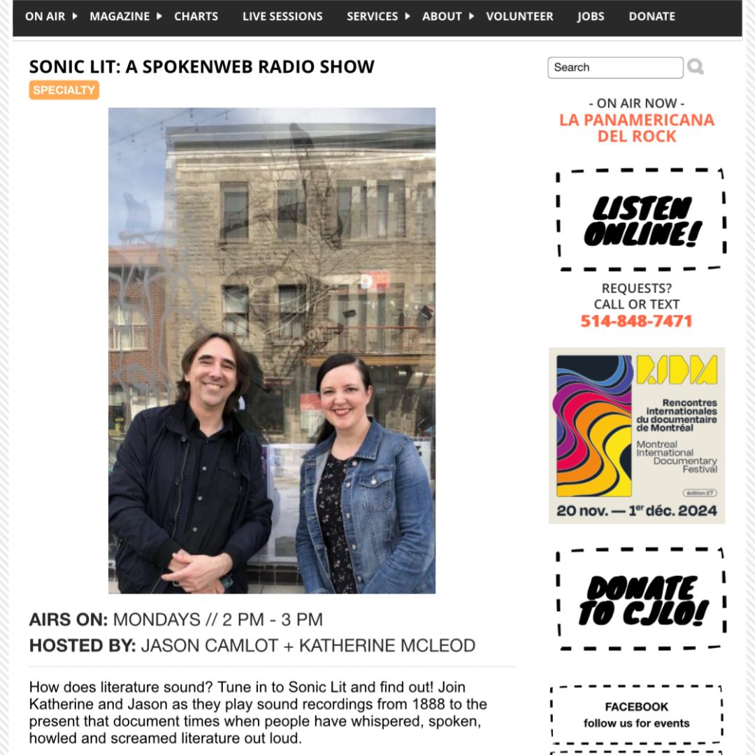 Stuck in a pre-holiday slump? One final down, two more to go? Lucky for you, Christmas just came early.

Sonic Lit: A SpokenWeb Radio Show
AIRS ON: MONDAYS // 2 PM - 3 PM
HOSTED BY: JASON CAMLOT + KATHERINE MCLEOD

CJLO 1690AM or listen online at cjlo.com