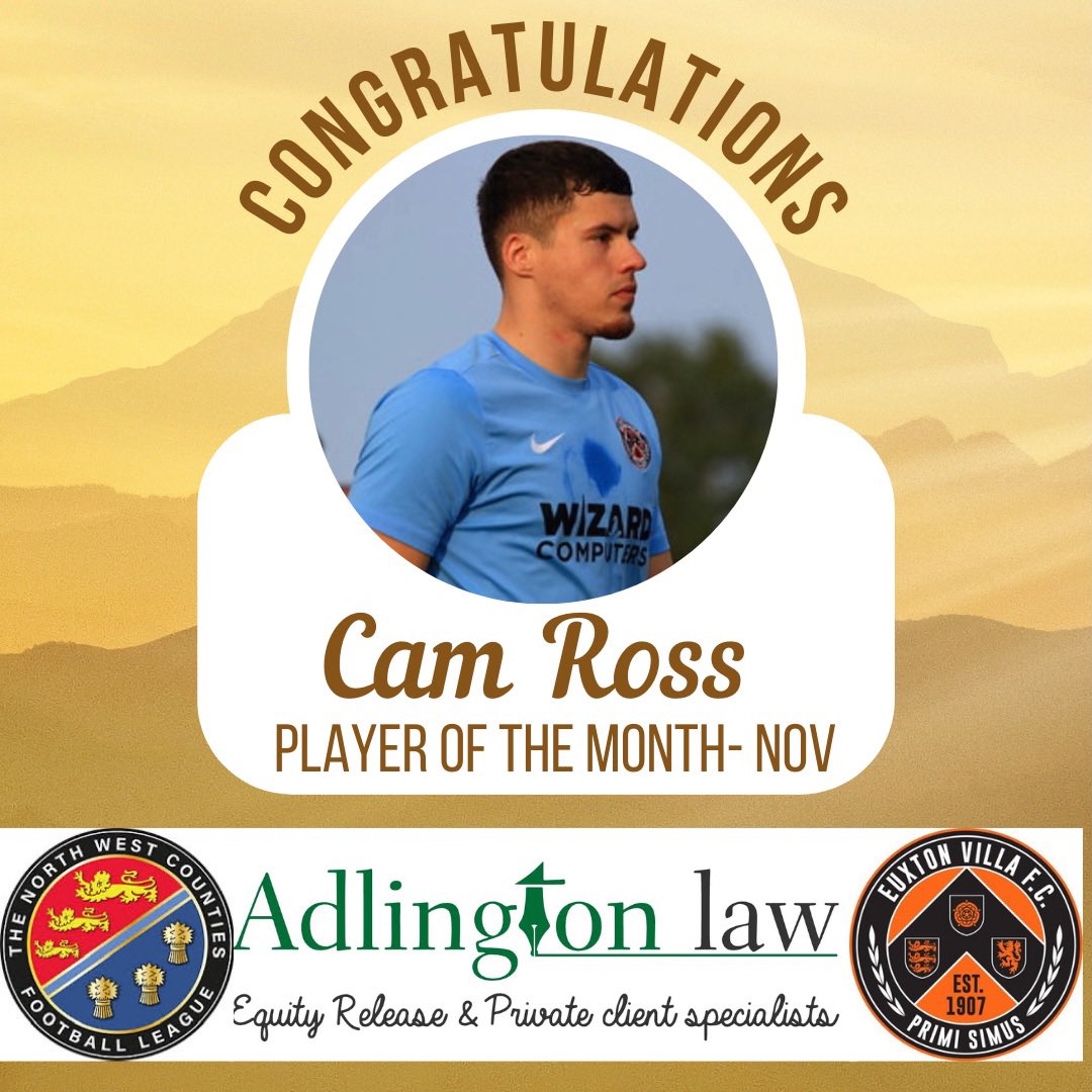 PLAYER OF THE MONTH- NOV (sponsored by <a href="/AdlingtonLaw/">Adlington Law</a>)

A big congratulations to <a href="/camm_rosss/">Cam Ross</a> who has made a big impression since joining us in the summer. An excellent month for player and club, as he helped achieve our 6 wins (in 7 games) with 4 clean sheets and a goal too 👏