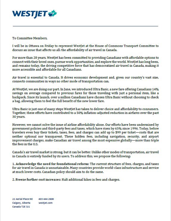 AHoensbroech's tweet photo. The parliamentary standing committee on Transport #TRAN has invited me to discuss airline fees and our #UltraBasic product tomorrow. In advance of this I am sharing my letter on how we have improved our offering and how government policies pose a barrier against lower air fares. https://t.co/ZbZtLGgs9h