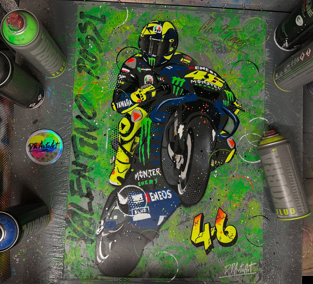 DRAutoart's tweet photo. Valentino Rossi with the massive wheelie. Finished this graffiti painting today! This is available now at https://t.co/MbcfpII6ZK #drautoart
☀️🌙
.
#valentinorossi #rossi #vr46 #graffitiart #motogp #grazievale #vr46tribe #vr46fans #vr46ridersacademy #vr46racing #valentinorossi46 #vale #valeyellow46