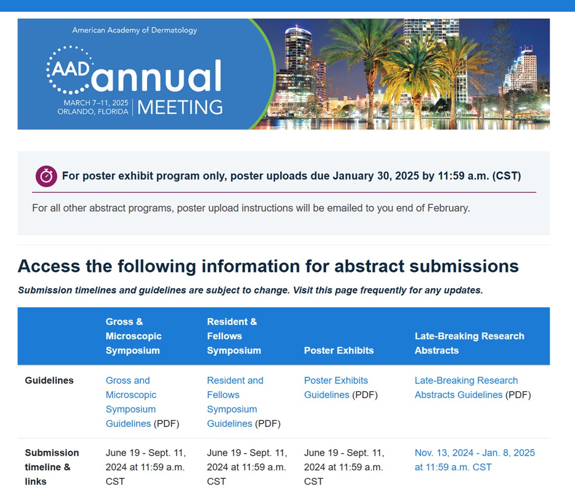 Submit a Late-Breaking Research abstract for the #AAD2025 Annual Meeting! #Dermatology researchers are invited to share their results on ground-breaking observations in clinical, therapeutics, surgical, pediatric, dermatopathologic, and basic research. aad.org/member/meeting…