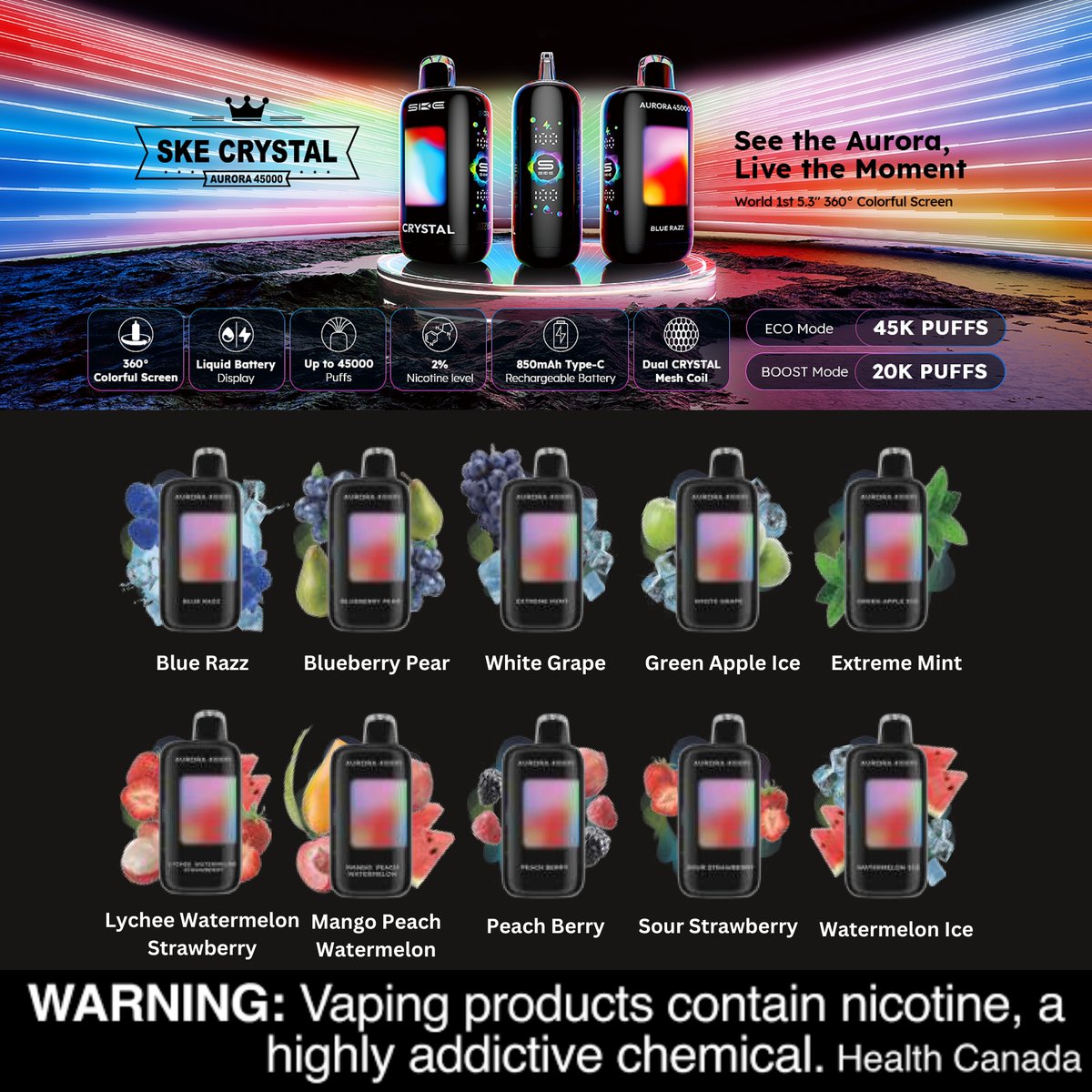 VapeKingdomCa's tweet photo. SKE Aurora 45K: 45,000 Puffs of Excellence! 💫💫

🌈360° LED Screen &amp; Digital Screen
⚡️Adjustable Wattage
💥Boost Function
💨Dual Crystal Mesh Coil

💡Learn more on https://t.co/gN1p2KHNsX 

#VapeKingdom #vapeonline #disposables #vape #ske #ske45K https://t.co/ysVZNYRzkL