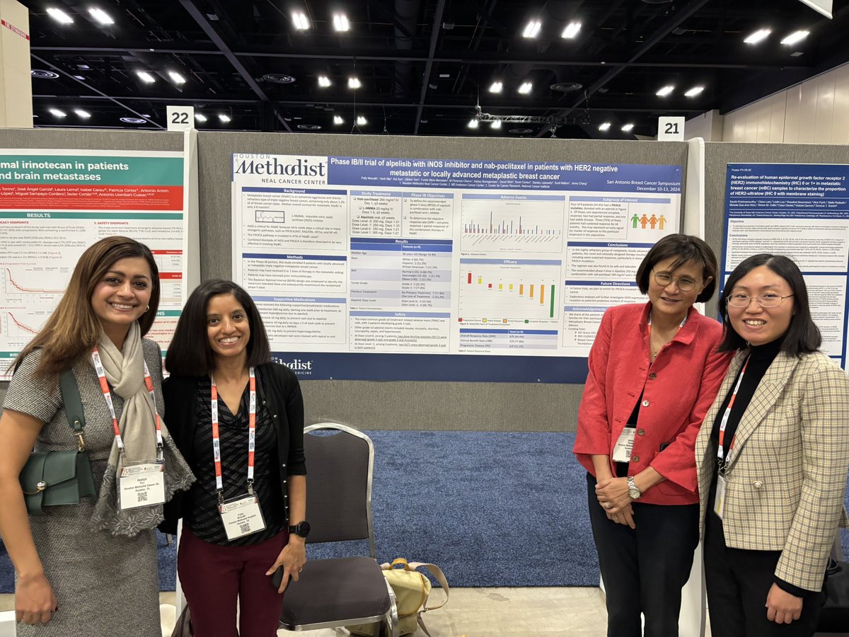 AkshjotP's tweet photo. Checkout our poster in  advanced pretreated metaplastic breast cancer now treated with combination of pan NOS inhibitor, alpelisib and nab-paclitaxel, ORR increased from historic 10-15% to 44.4% and an impressive CBR of 77%!! Presented by Polly Niravath @JennyCChang1  #sabcs2024 https://t.co/YBr4HvUATy