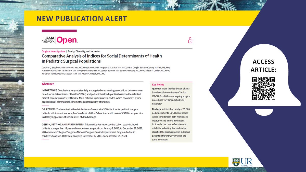 URMC Department of Surgery (@urochestersurg) on Twitter photo 🚨New Pub:
<a href="/JAMANetworkOpen/">JAMA Network Open</a> has published a study with senior authors <a href="/DerekWakemanMD/">Derek Wakeman</a> and <a href="/docwilson13/">Nicole Wilson</a>
"Comparative Analysis of Indices for Social Determinants of Health in Pediatric Surgical Populations"
More info ➡️ bit.ly/4gam4Tj
<a href="/URMCSurgery/">URMC Surgery Residents</a> 🚨New Pub:
<a href="/JAMANetworkOpen/">JAMA Network Open</a> has published a study with senior authors <a href="/DerekWakemanMD/">Derek Wakeman</a> and <a href="/docwilson13/">Nicole Wilson</a>
"Comparative Analysis of Indices for Social Determinants of Health in Pediatric Surgical Populations"
More info ➡️ bit.ly/4gam4Tj
<a href="/URMCSurgery/">URMC Surgery Residents</a>
