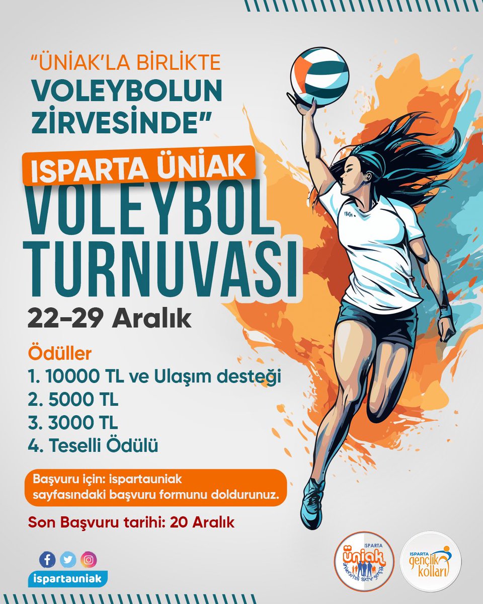 🏐 ÜniAkla Birlikte Voleybolun Zirvesinde! 🏆
Isparta ÜniAk Voleybol Turnuvası'nda hem mücadeleye hem dostluğa tanıklık edeceksiniz🎉
Takım ruhu, kıyasıya rekabet ve unutulmaz anlarla dolu bu etkinlikte herkes zirveye bir adım daha yaklaşacak. 🙌