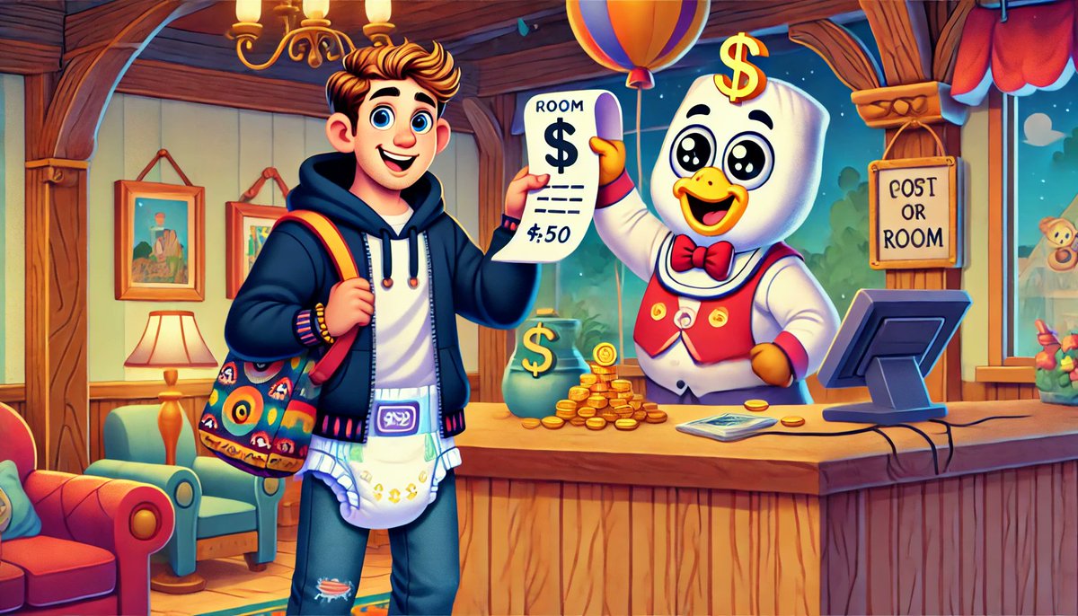DIAP_COIN's tweet photo. Checking into the local inn, the dad is greeted with a warm smile and... sticker shock! 🪙💸 Who knew a cozy night's rest in Diaperland could cost so many coins? Time to re-evaluate that coin stash! 😅 https://t.co/w54VjQjYab