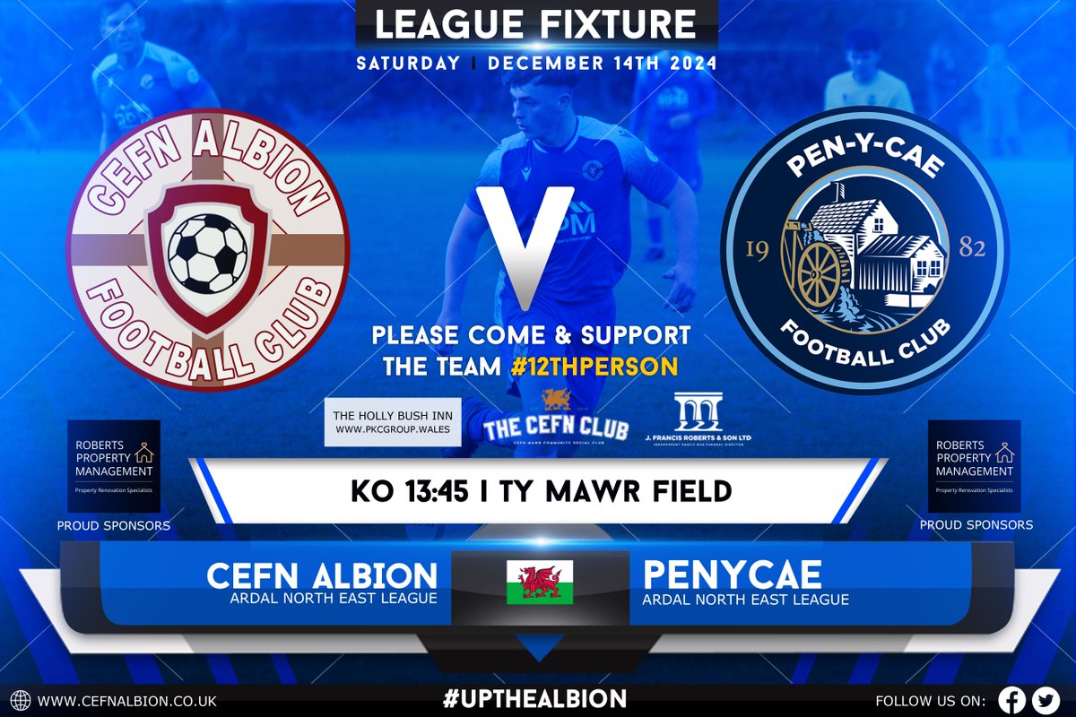 📅 WEEKEND | 14/12/24

⚽ Reserve Team
🆚 <a href="/penycaefc1/">Penycae FC</a> (H)
🕒 13:45
📍 Ty Mawr
🏆 <a href="/NEWalesFA/">North East Wales FA</a>

With no first team fixture this weekend, our reserve team takes centre stage as they welcome local neighbours Penycae to Ty Mawr! ⚽️

Let’s get behind the team.

#UPTHEALBION
#TOGETHER