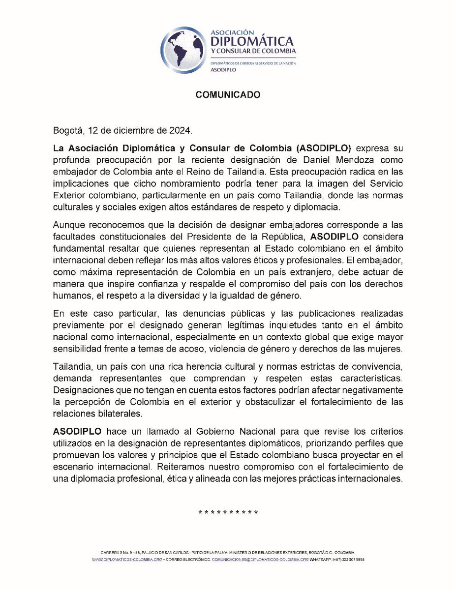 asodiplo's tweet photo. 🔴Comunicado Oficial de @asodiplo sobre la designación de Daniel Mendoza como Embajador en Tailandia https://t.co/czr3oARKEu