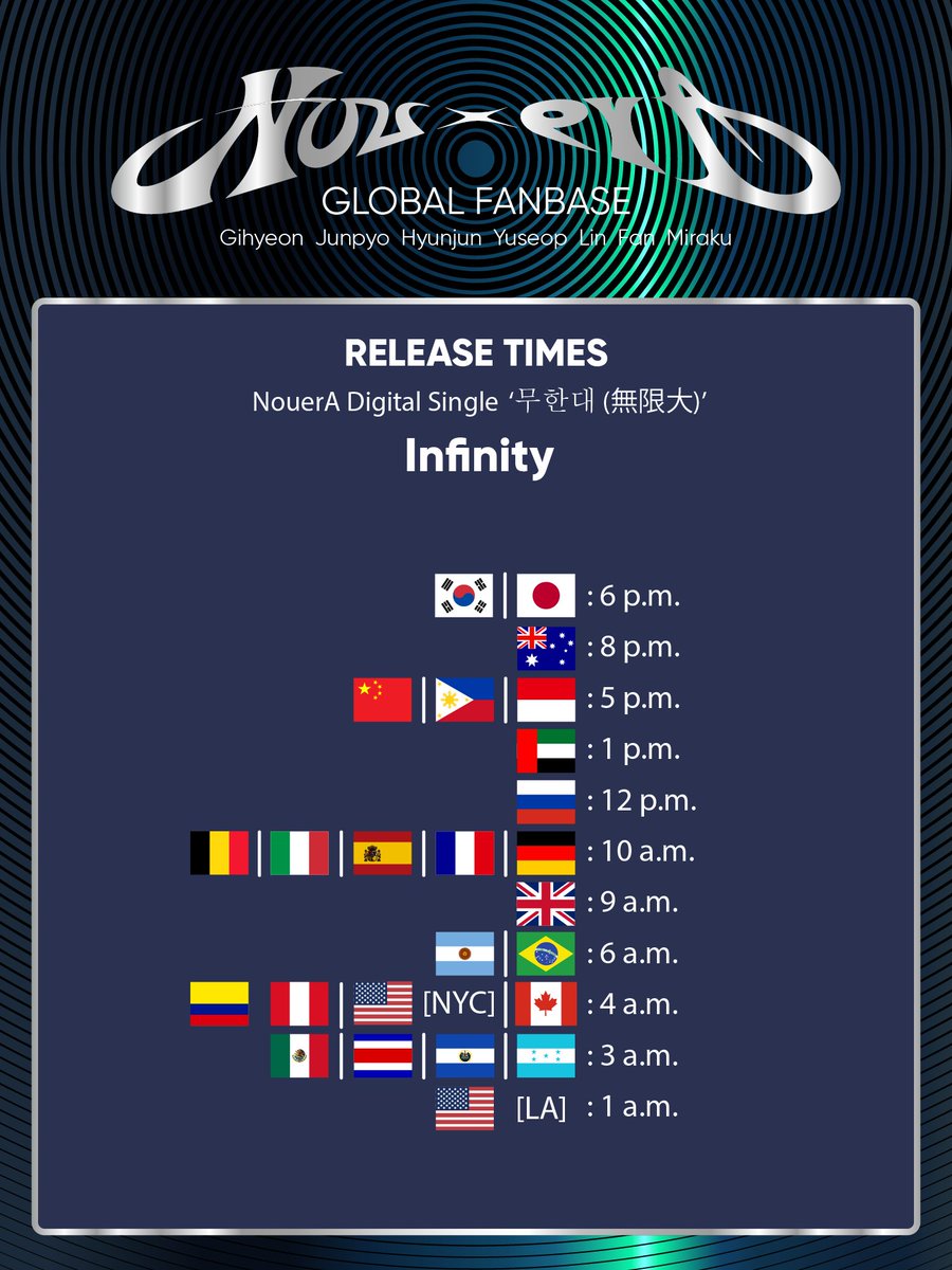noueraglobal's tweet photo. Release Times for the Digital Single 무한대 (無限大).

Please prepare your spotify and youtube accounts.

#NouerA #누에라 
#무한대 #無限大 https://t.co/AoKh09U9UJ