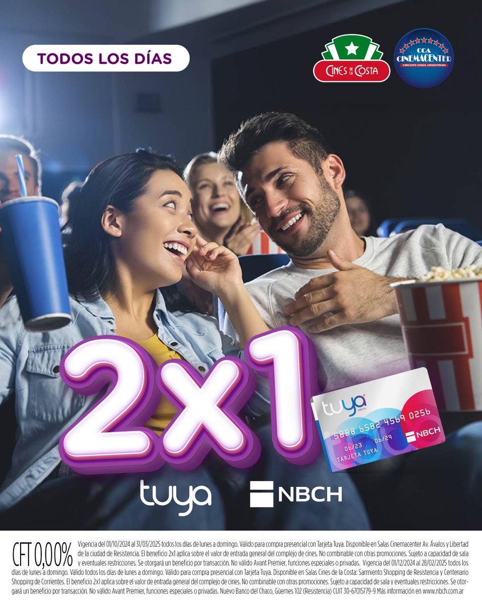 bancodelchaco's tweet image. Aprovechá el 2x1 con Tarjeta Tuya y disfrutá de una buena película! 🍿
🎥Válido para @loscinesdelacosta @Cinemacenter3D 🤩
ℹ️Para más info ingresá al nbch.com.ar/promociones
-
#NBCH No hay tarjeta como la #tuya
-
**CFT 0,00% Vigencia del 01/12/2024 al 28/02/2025 todos los días de