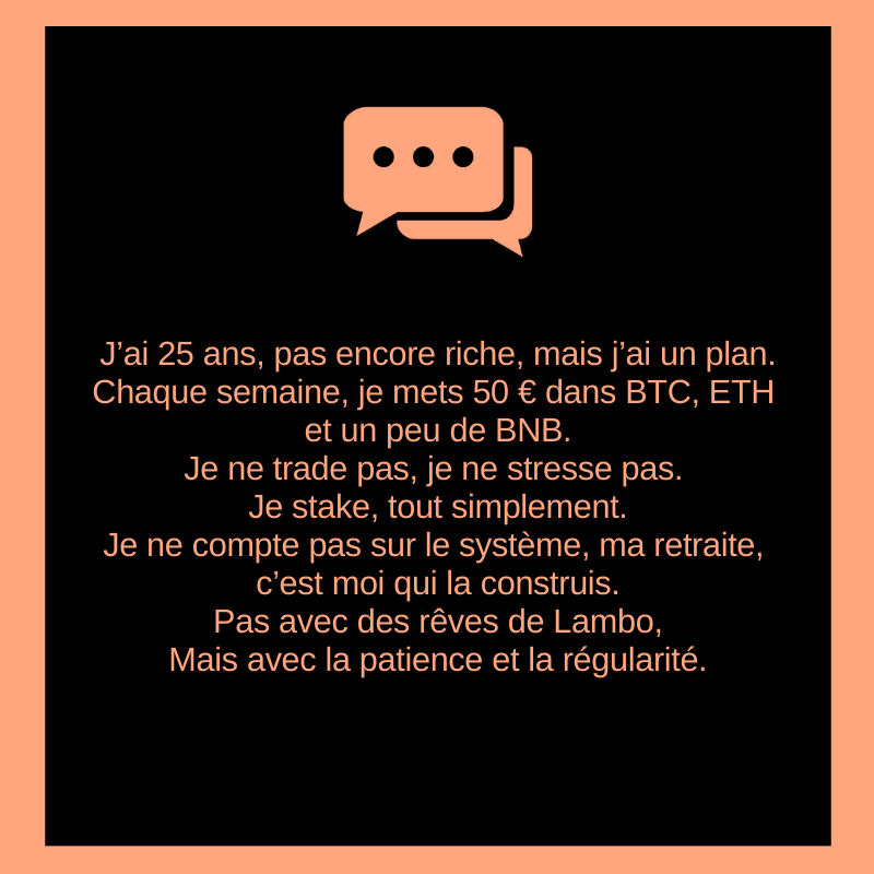 UlysseEclaireur's tweet photo. J’ai 25 ans, pas encore riche, mais j’ai un plan.
Chaque semaine, je mets 50 € dans BTC, ETH et un peu de BNB. Je ne trade pas, je ne stresse pas.
Je stake, tout simplement.
Je ne compte pas sur le système, ma retraite, c’est moi qui la construis. Pas avec des rêves de Lambo,
Mais avec la patience et la régularité.