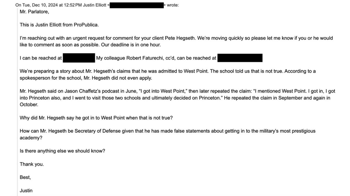ClayTravis's tweet photo. Look at the email this left wing “news” outlet wrote to Pete Hegseth’s team after they were falsely told by West Point that Hegseth neither applied nor was admitted to the school. This is all too common. West Point has to fire everyone involved in this false leak too. https://t.co/IzY72VMKHz