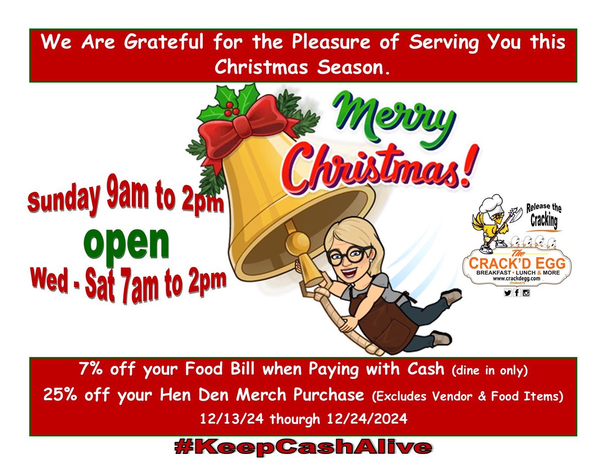 🌲 Tis the Season…7% off food dine in orders when paying with cash 💵 
25% off Hen Den Purchases 
(Exclusions apply)