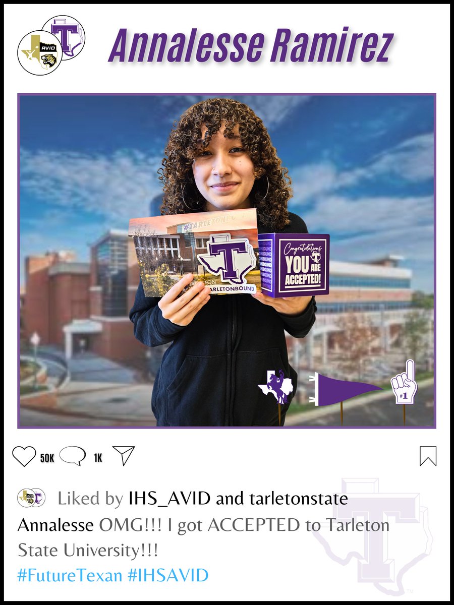 IHS_AVID's tweet image. Congratulations to @IrvingHigh student, Annalesse, on her acceptance to @TarletonState! We are #AVID proud of you! #tarletonbound #texastornadodesigns #classof2025 #IrvingISD