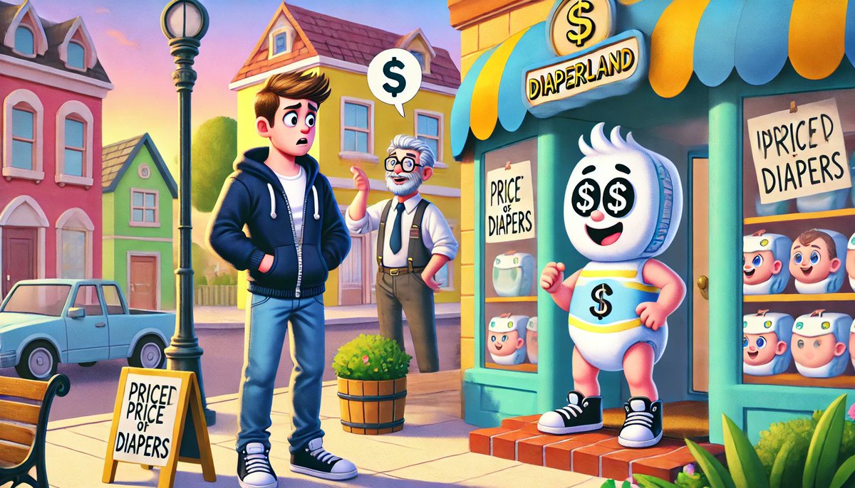 DIAP_COIN's tweet photo. First thing in the morning, the dad rushes back to the shop to buy those diapers—only to find the price has skyrocketed overnight due to inflation! 🤑😱 The store owner just shrugs it off like it's no big deal. Welcome to Diaperland economics! 📈💸 https://t.co/t9QjV2bztm