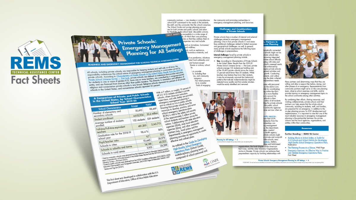 #Schoolsafety isn’t one-size-fits-all! Use today’s #TBT fact sheets to explore emergency operations planning considerations for 3 unique K-12 contexts: 
· Charter Schools: rems.ed.gov/docs/CharterSc…
· Private Schools: rems.ed.gov/docs/PrivateSc…
· Rural Schools: rems.ed.gov/docs/RuralScho…