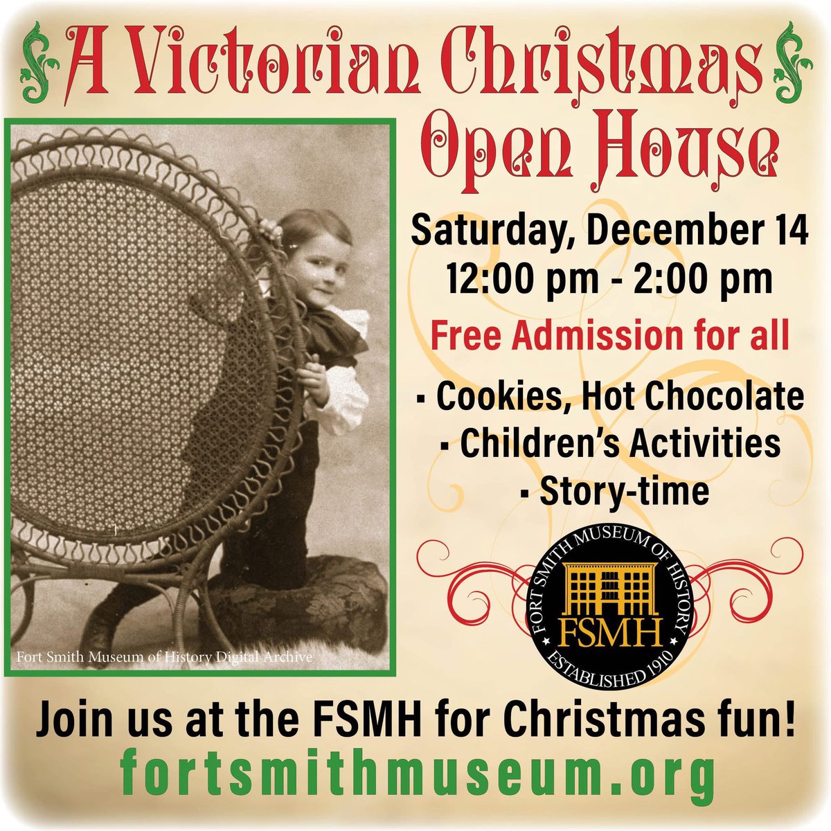 FSMuseumHistory's tweet photo. See you at Christmas Open House this Saturday 12/14 from 12-2! 🎄
🎟️ Free admission for all! 
☕️ Hot chocolate or hot cider
🍪Cookies
🎅 children’s activities and 📖 story time
🎭 Victorian-era reenactors
🎄Hunt’s Dept  Store animatronic dolls
🎁 Lot’s of Christmas fun! https://t.co/d4ZAfY4bOC