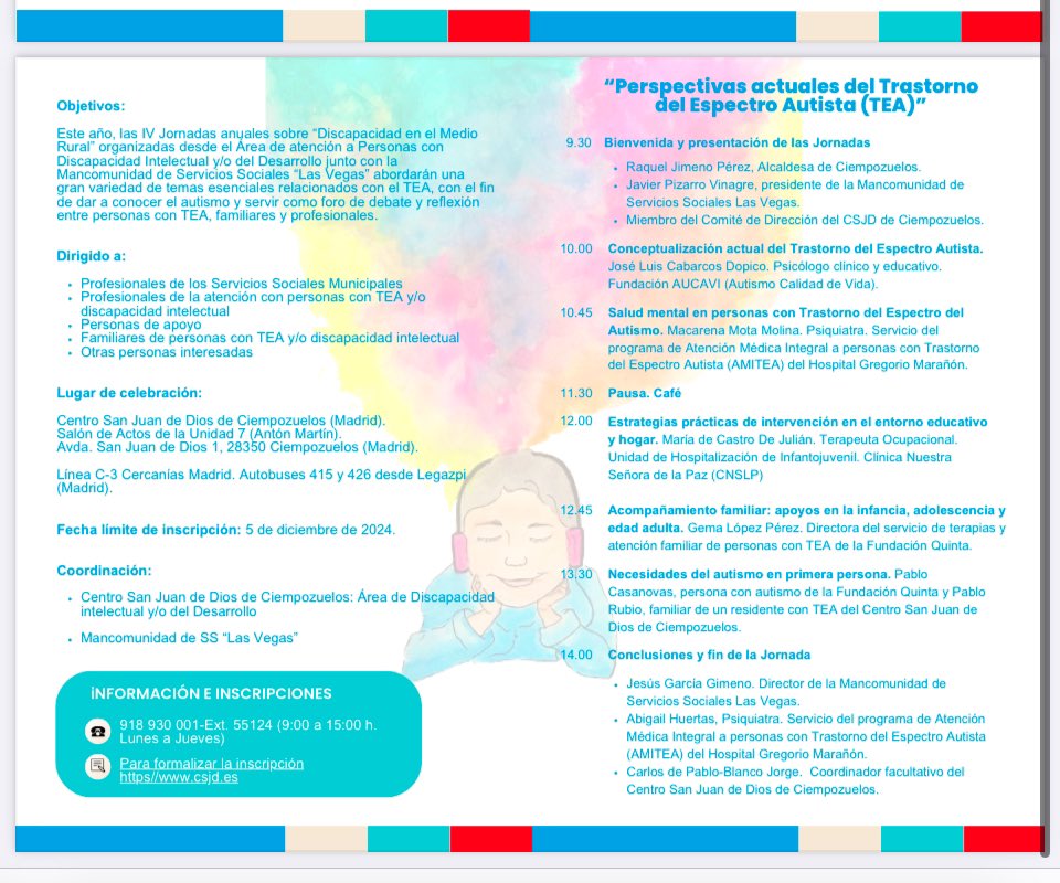 "IV Jornadas anuales sobre Discapacidad en el medio rural: perspectivas actuales del TEA” Agradecido a la organización y al equipo de profesionales del centro de Ciempozuelos por permitirme compartir reflexiones y experiencias con  los asistentes y colegas allí reunidos.