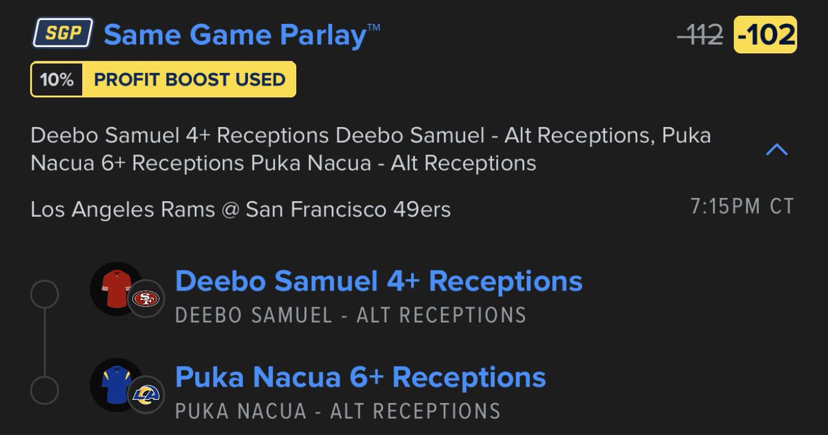 SAFE2LEG's tweet photo. 2 LEG RECEPTION BET:

✅Deebo Samuel 4+
✅Puka Nacua 6+

#safe2leg #2legparlay #reception #bets #SportsBettingX #fanduellocks #fanduel https://t.co/CuwPw5vUJC