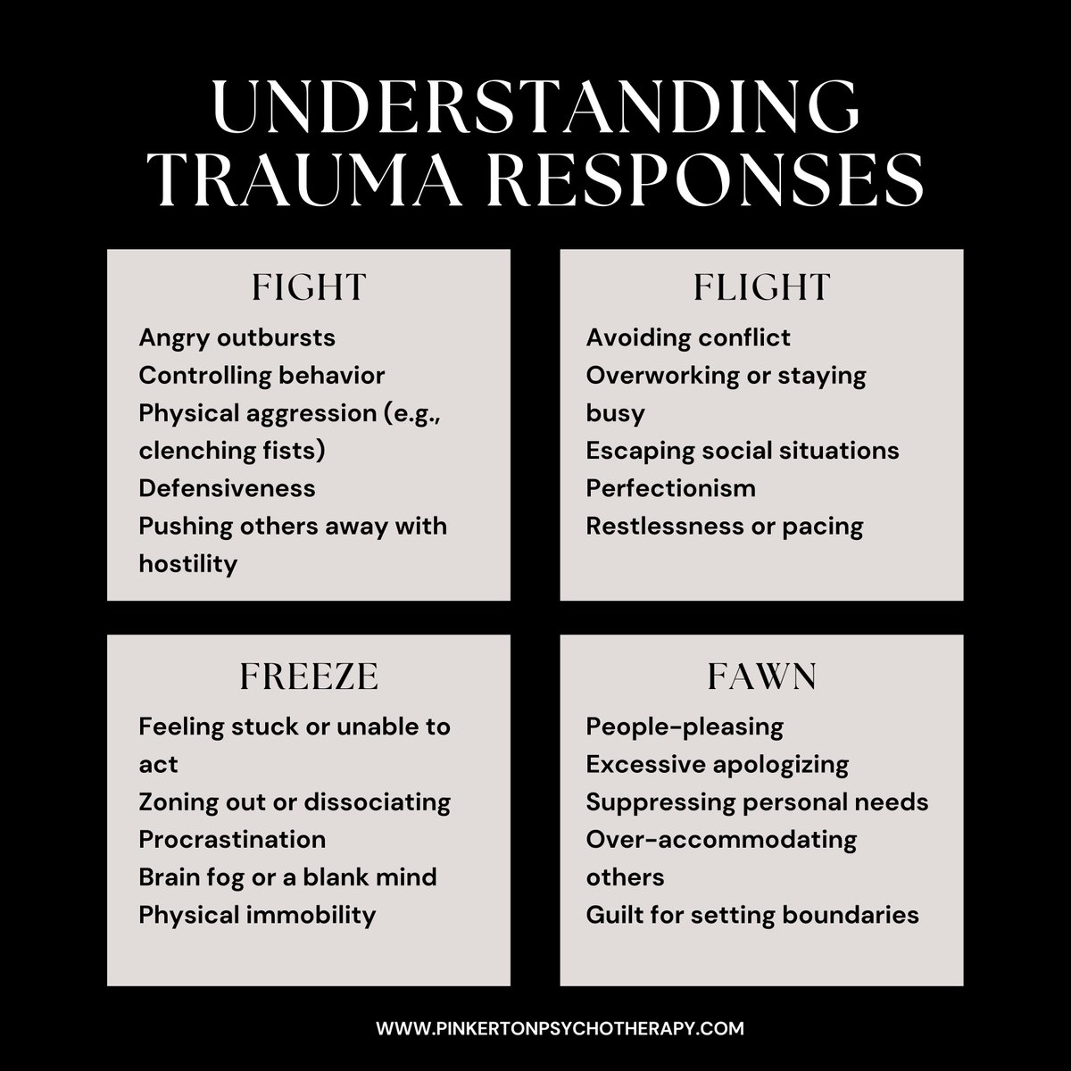 redheadreveal's tweet photo. Trauma affects us all differently, and our responses are often ways we’ve learned to feel safe. Whether it’s angry outbursts (Fight), avoiding conflict (Flight), feeling stuck (Freeze), or people-pleasing (Fawn), these reactions aren’t flaws—they’re survival mechanisms. https://t.co/CLVEmV5L5z