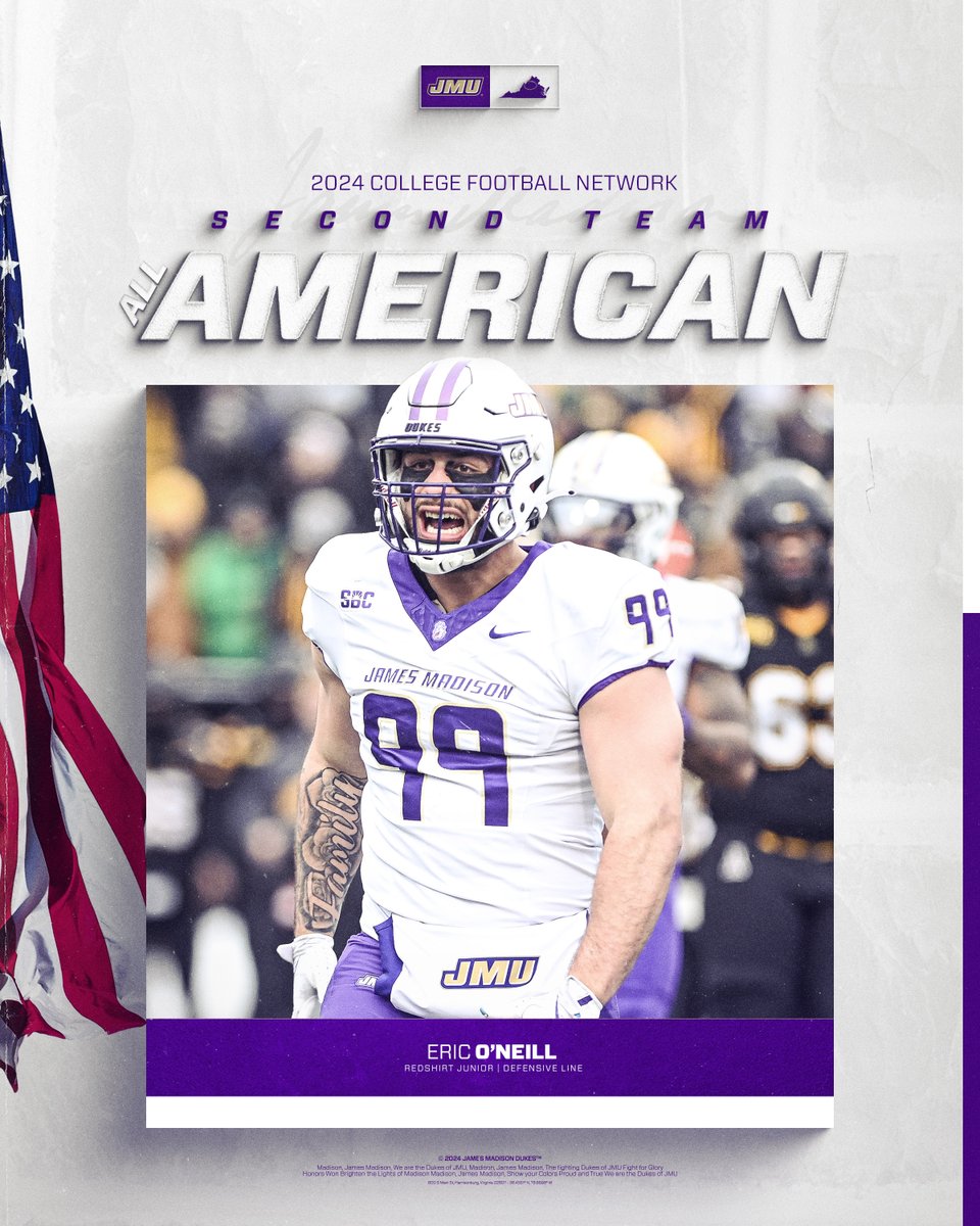 JMUFootball's tweet photo. 𝐂𝐅𝐍 𝐅𝐁𝐒 𝐀𝐥𝐥-𝐀𝐦𝐞𝐫𝐢𝐜𝐚𝐧𝐬 🇺🇸

Eric O'Neill (Second Team) and Terrence Spence (Third Team) have been named to the 2024 College Football Network FBS All-America Team!

📰 https://t.co/wQjArgGRLa

#GoDukes https://t.co/VwAN7HjZYy