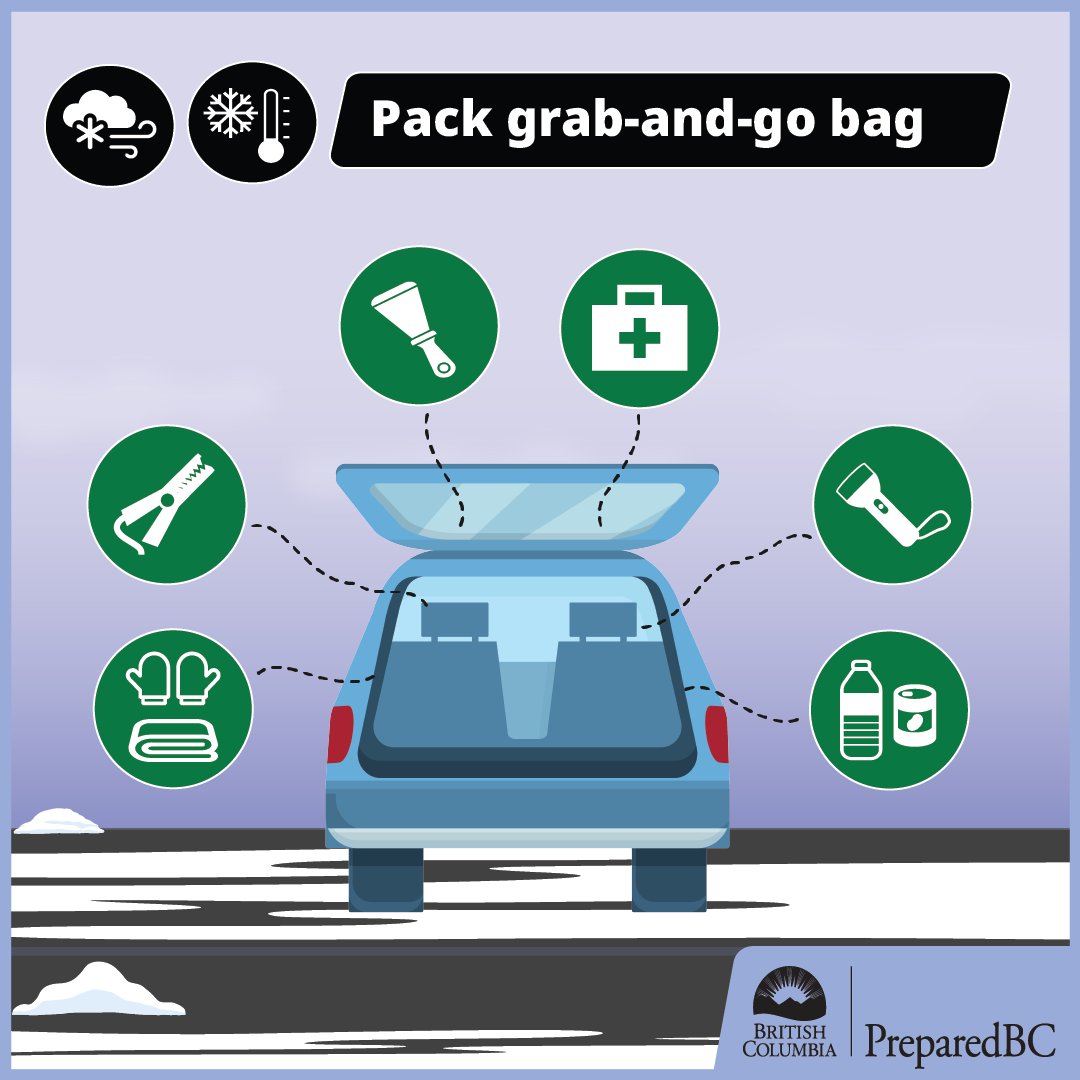 PreparedBC's tweet photo. Be prepared for anything when driving! Create a winter grab-and-go bag for your vehicle that includes: 

• Jumper cables 
• Warm clothes &amp; blankets 
• Windshield scraper 
• Flashlight w/ batteries 
• Non-perishable food &amp; water 

https://t.co/iExEClCbhZ https://t.co/d5WiNY5TE8
