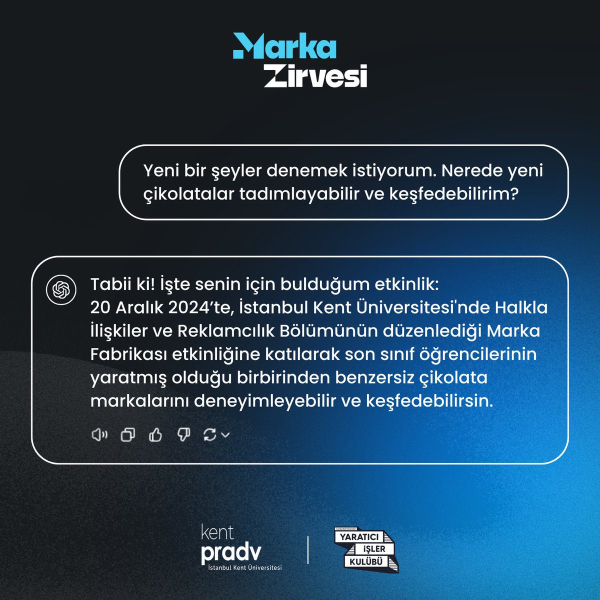 markazirvesi24's tweet photo. Marka Zirvesi’nde bu yıl Halkla İlişkiler ve Reklamcılık son sınıf öğrencileri, zirvenin ruhundan faydalanarak yapay zeka ile güçlerini birleştirdi ve harika çikolata markaları yarattılar! 
#MarkaZirvesi2024 #MarkaFabrikası2024 https://t.co/fW36bNYFTO