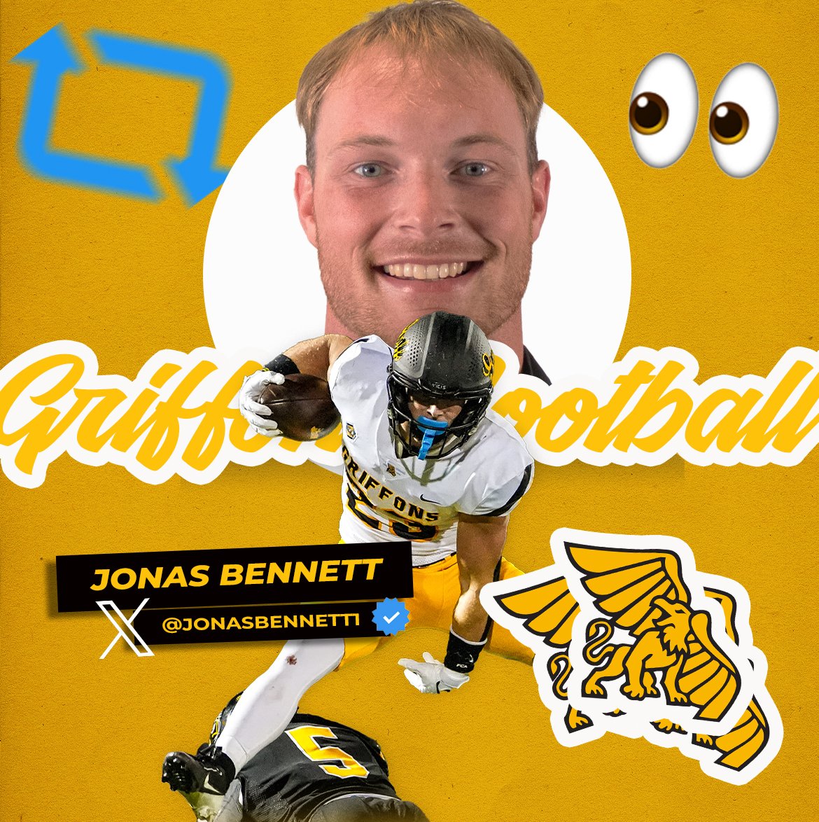 MWSU_Football's tweet photo. 🦅𝐋𝐞𝐚𝐯𝐞 𝐘𝐨𝐮𝐫 𝐌𝐚𝐫𝐤🦁
@JonasBennett1 appeared in 43 games, taking a snap at every skill position in his career!

Congratulations, Jonas, on a phenomenal career as a Griffon. Your name will be etched in the record books for all time!

#A10Mentality | #GriffUp🦅🦁 https://t.co/fKBwnD8mxD