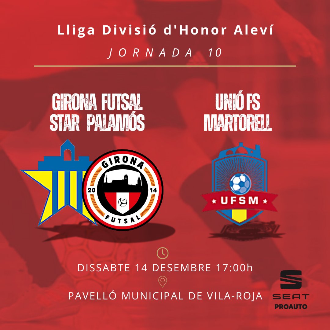 JORNADA 10 | ALEVÍ DH

📅 Dissabte 14 de desembre 
📍Pavelló Vila-Roja
⏱ 17h

Vine a animar el nostre equip!!!!

#futsalgirona #futsal #futsal⚽️ #futbolsala #futbolsalacatala #futbolsalacatalunya #girona #orgullgironí #culturadelesforç