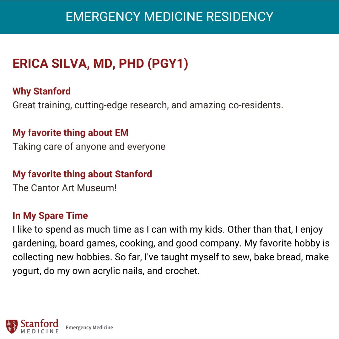 StanfordEMED's tweet image. Meet @StanfordEMED #EMresident Erica Silva, MD who thrives on top-tier training, equitable care, exploring the Cantor Art Museum, and embracing family time, creativity, and an ever-growing list of unique hobbies!
#StanfordEMresidency
#EmergencyMedicine
#EMontheFarm