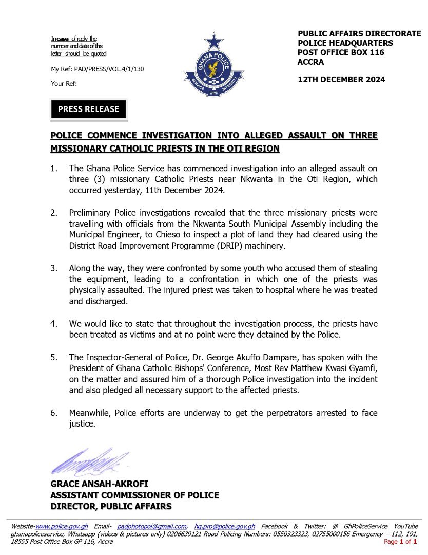 GhPoliceService's tweet photo. 𝐏𝐑𝐄𝐒𝐒 𝐑𝐄𝐋𝐄𝐀𝐒𝐄: 
𝐏𝐎𝐋𝐈𝐂𝐄 𝐂𝐎𝐌𝐌𝐄𝐍𝐂𝐄 𝐈𝐍𝐕𝐄𝐒𝐓𝐈𝐆𝐀𝐓𝐈𝐎𝐍 𝐈𝐍𝐓𝐎 𝐀𝐋𝐋𝐄𝐆𝐄𝐃 𝐀𝐒𝐒𝐀𝐔𝐋𝐓 𝐎𝐍 𝐓𝐇𝐑𝐄𝐄 𝐌𝐈𝐒𝐒𝐈𝐎𝐍𝐀𝐑𝐘 𝐂𝐀𝐓𝐇𝐎𝐋𝐈𝐂 𝐏𝐑𝐈𝐄𝐒𝐓𝐒 𝐈𝐍 𝐓𝐇𝐄 𝐎𝐓𝐈 𝐑𝐄𝐆𝐈𝐎𝐍 https://t.co/DSzyopxqTi