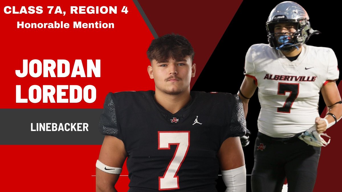 AlbertvilleFB's tweet photo. Congratulations to our All Region Honorable Mention Selections! Jordan Loredo, Mason Frolik, and Taliq Saint. https://t.co/cmwHRBDpaS