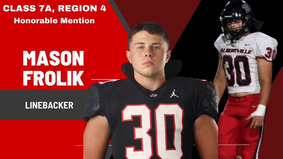 AlbertvilleFB's tweet photo. Congratulations to our All Region Honorable Mention Selections! Jordan Loredo, Mason Frolik, and Taliq Saint. https://t.co/cmwHRBDpaS