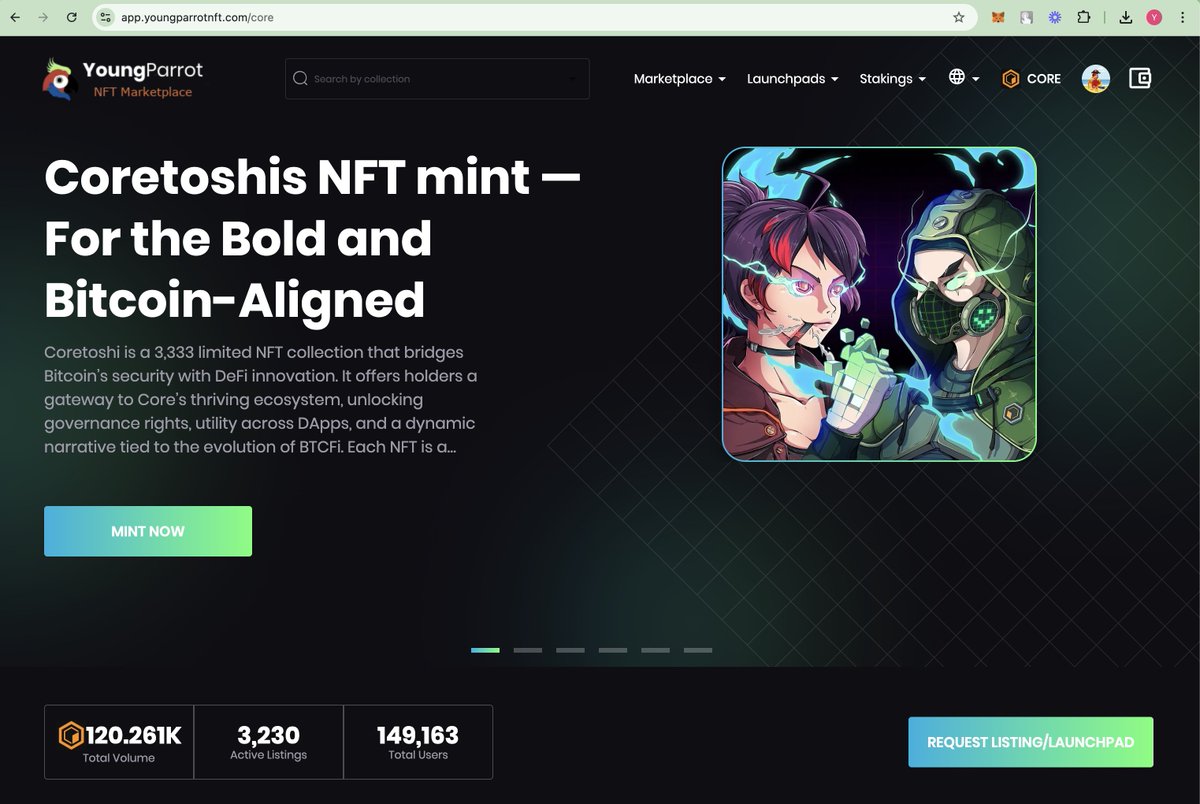youngparrotnft's tweet photo. Coretoshi NFT banner is on YoungParrot's NFT Marketplace homepage, you can click MINT NOW to go to OKX's NFT Marketplace to mint Coretoshi NFTs, https://t.co/9I8EnTKY1J🥳🦜

Coretoshi NFTs would be available on YoungParrot after 3 months based on OKX's condition🚀🥰

@Coredao_Org @CommunityofCore 

#JustUseCore #YoungParrot #YPC