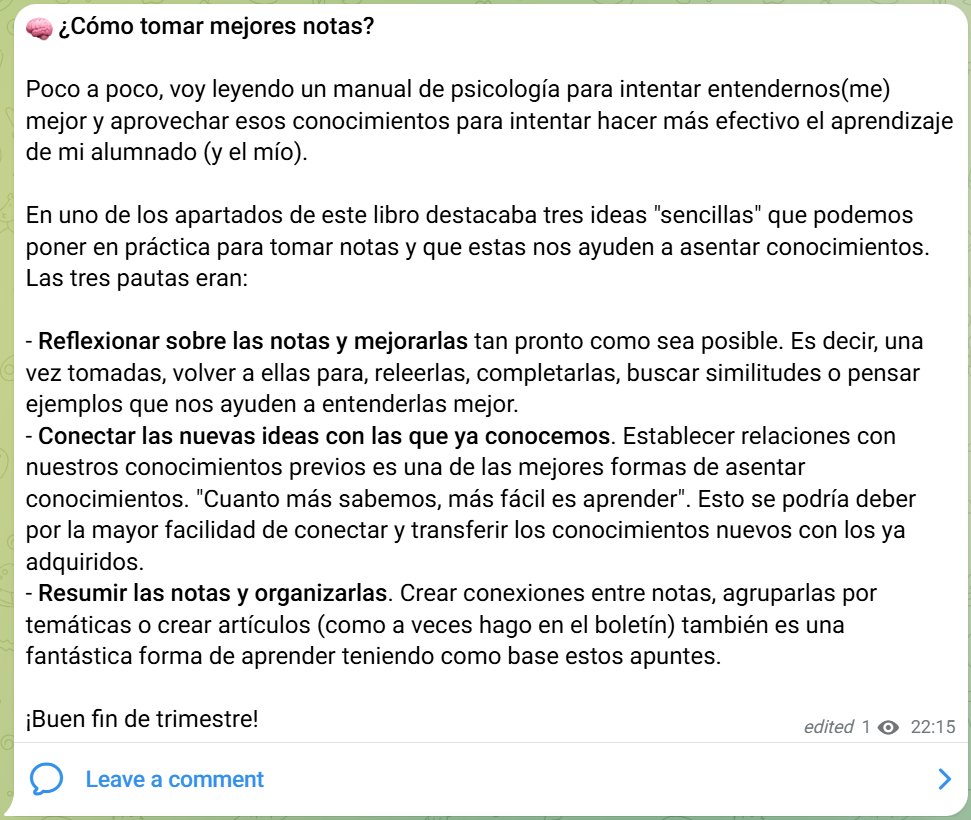 🧠 ¿Cómo tomar mejores notas?

1️⃣ Reflexionando sobre ellas y mejorándolas
2️⃣ Conectando con los conocimientos previos
3️⃣ Resumiendo y organizándolas

Una píldora a la semana en el grupo de Telegram del <a href="/educlaustro/">Educlaustro | Boletín educativo</a>