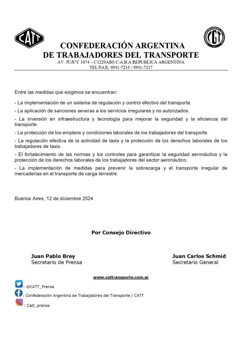 #Comunicado

A la opinión pública:

Ante la desregulación del transporte en Argentina: Exigimos priorizar la seguridad de pasajeros y trabajadores